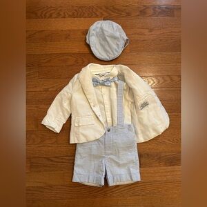 Janie and Jack Boys Easter Seersucker Suspender Suit with Bowtie and Newsboy Cap